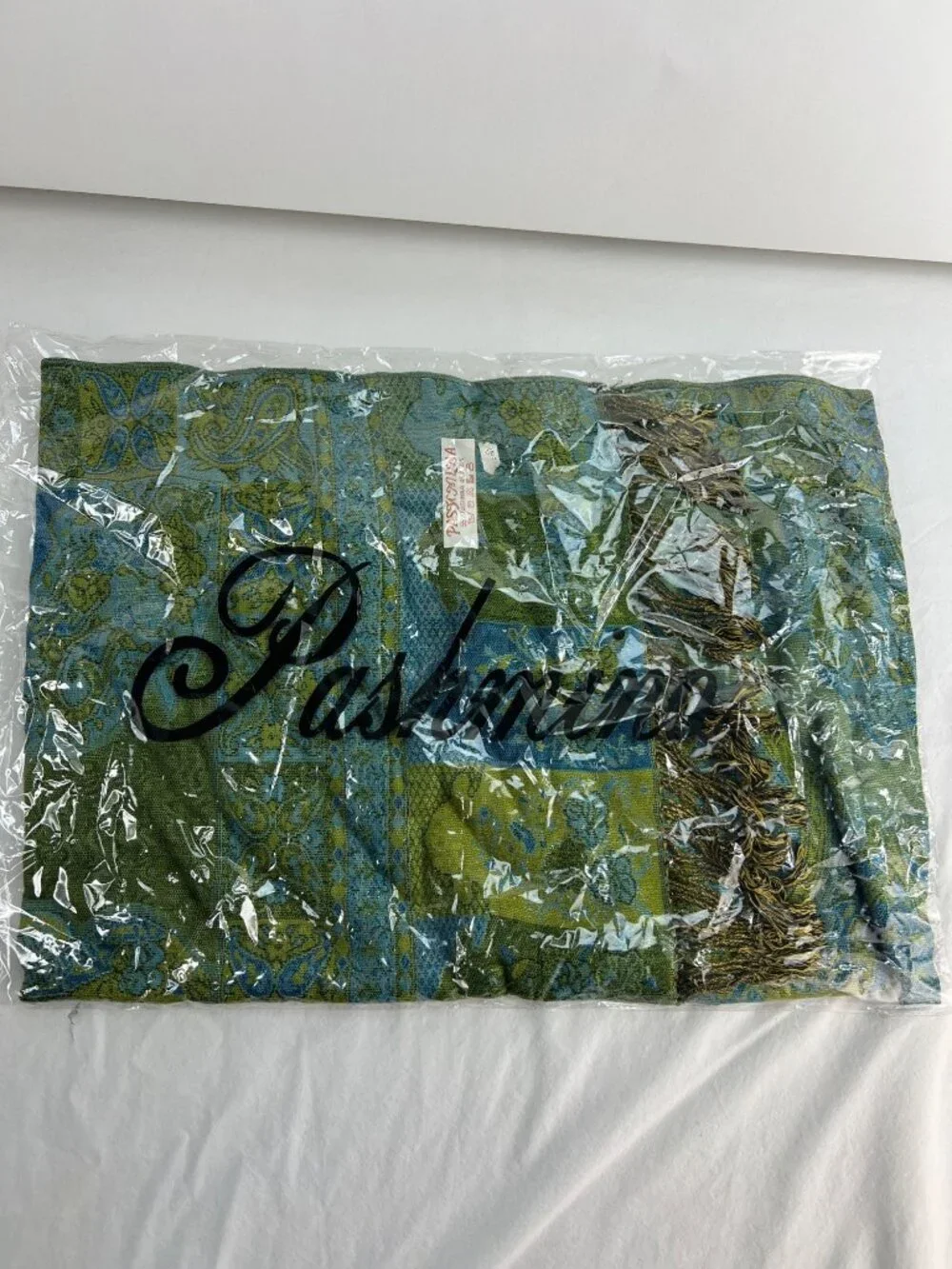 Pashmina Silk Paisley Pattern Shawl Scarf With Fringe Blue & Green New In Packag